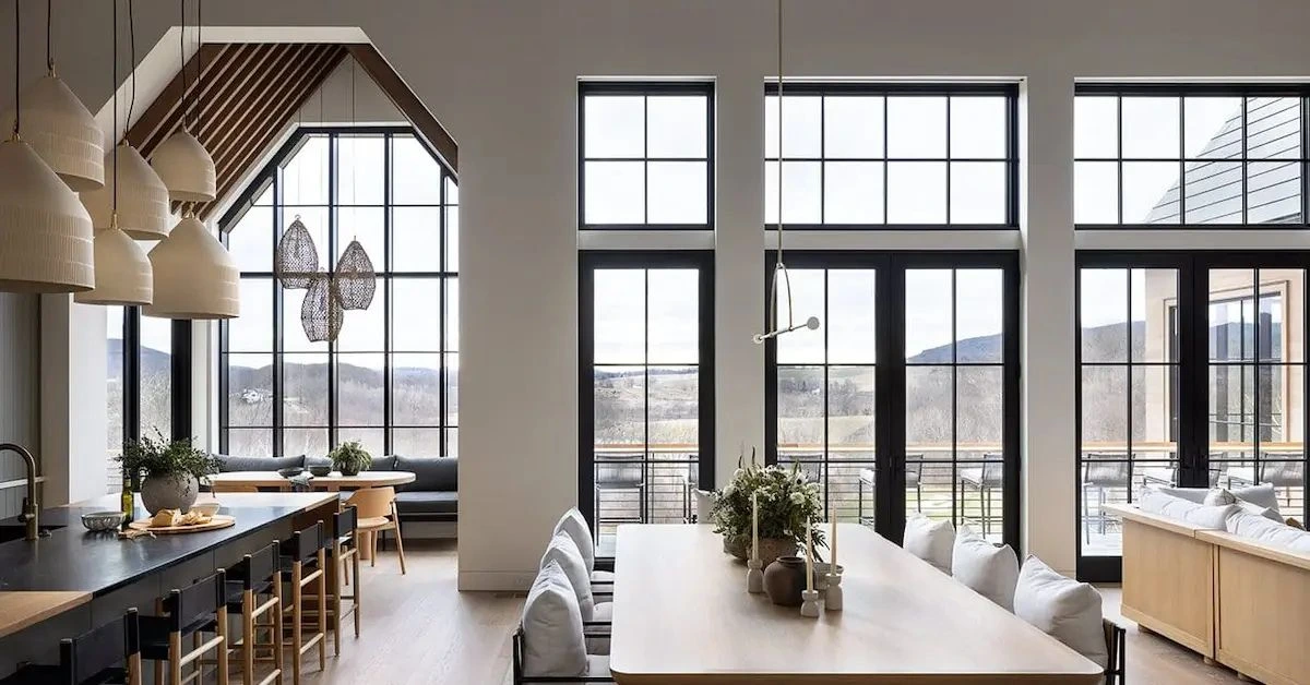 Elegant luxury home interior featuring a modern dining area with large windows and stylish lighting fixtures.