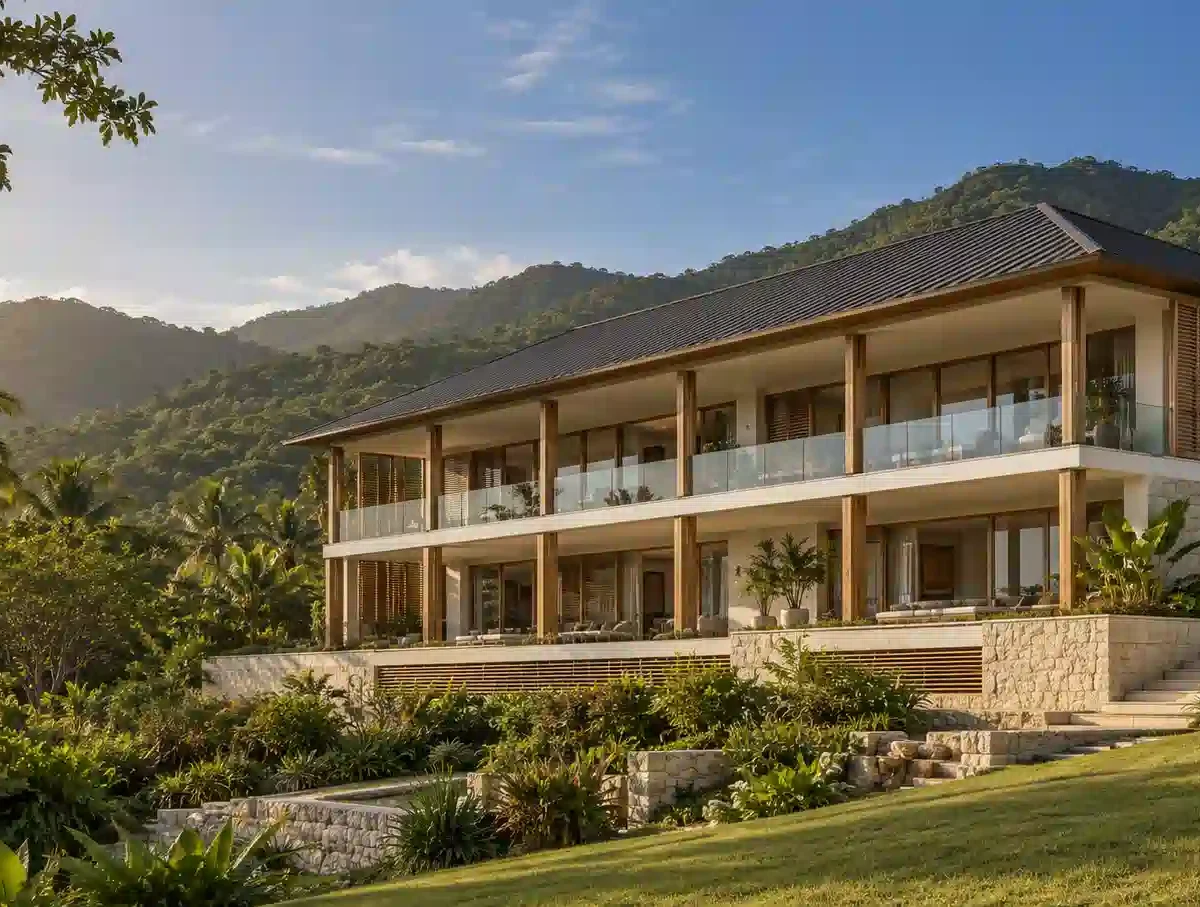 Hip-roofed estate with deep verandas and a stone base on volcanic slopes, as a luxury home architect in St. Kitts might draw