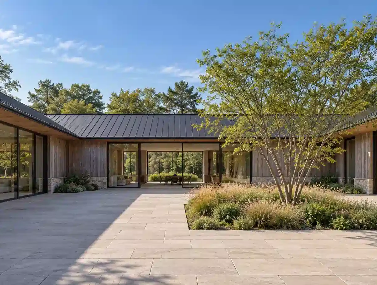 Illustration of a courtyard house from inside the court, three low wings with full-height glass around a tree under open sky