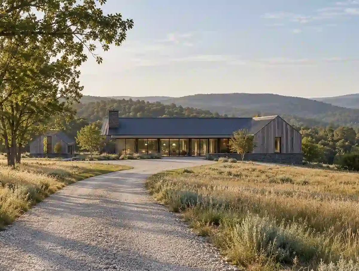Illustration of a long gravel drive crossing a meadow, past a gabled outbuilding, to a low country house, wooded hills behind