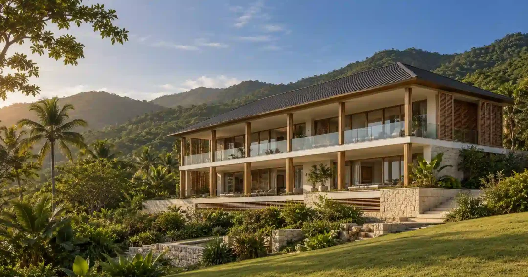 Hip-roofed estate with deep verandas and a stone base on volcanic slopes, as a luxury home architect in St. Kitts might draw