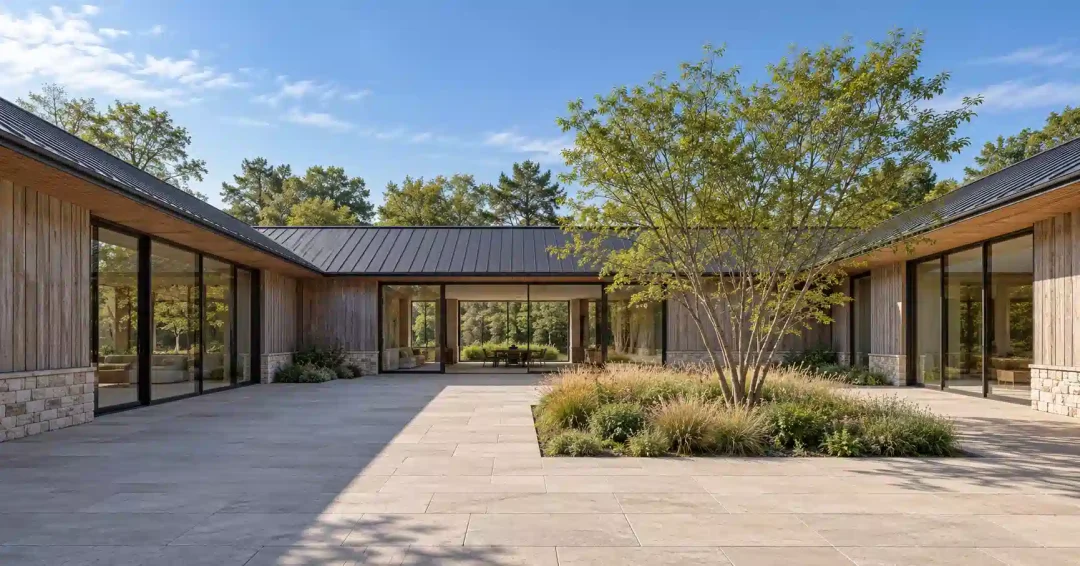 Illustration of a courtyard house from inside the court, three low wings with full-height glass around a tree under open sky