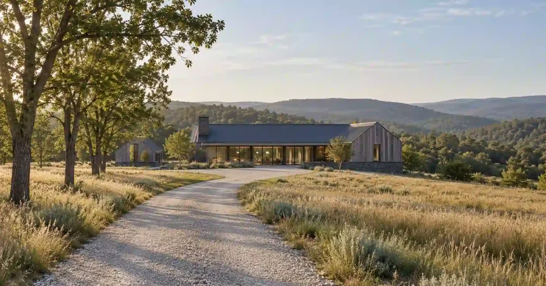 Illustration of a long gravel drive crossing a meadow, past a gabled outbuilding, to a low country house, wooded hills behind