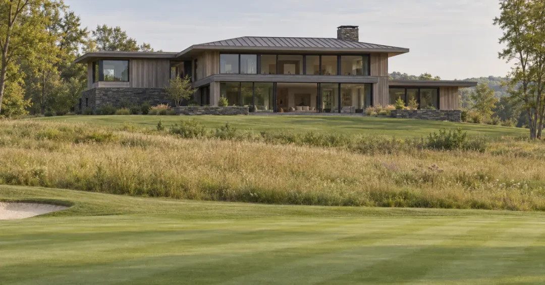 Illustration of golf course home design, a two-story house in gray wood and stone with wide glass above a meadow and fairway