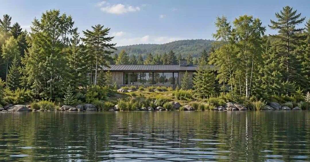 Illustration of a low lake house set back from the shore, its glass wall seen from the water through one gap in native shore trees