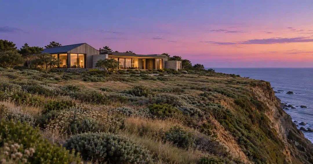 Rendering of a modern estate as a Malibu architect might draw it, set back on a Pacific bluff at dusk, warm light inside